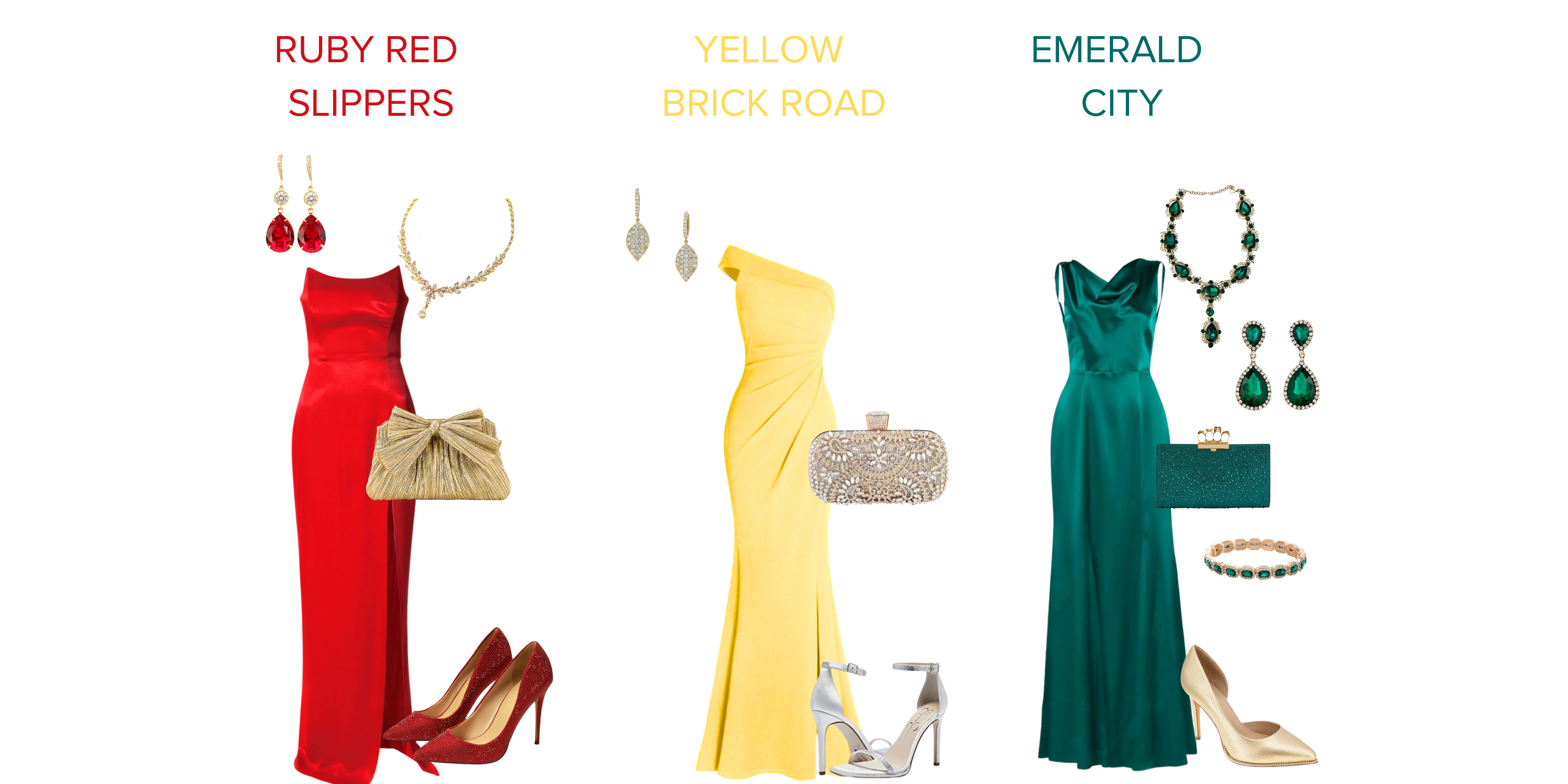 Photo of three themed outfits, a red dress, green dress and yellow dress with matching accessories