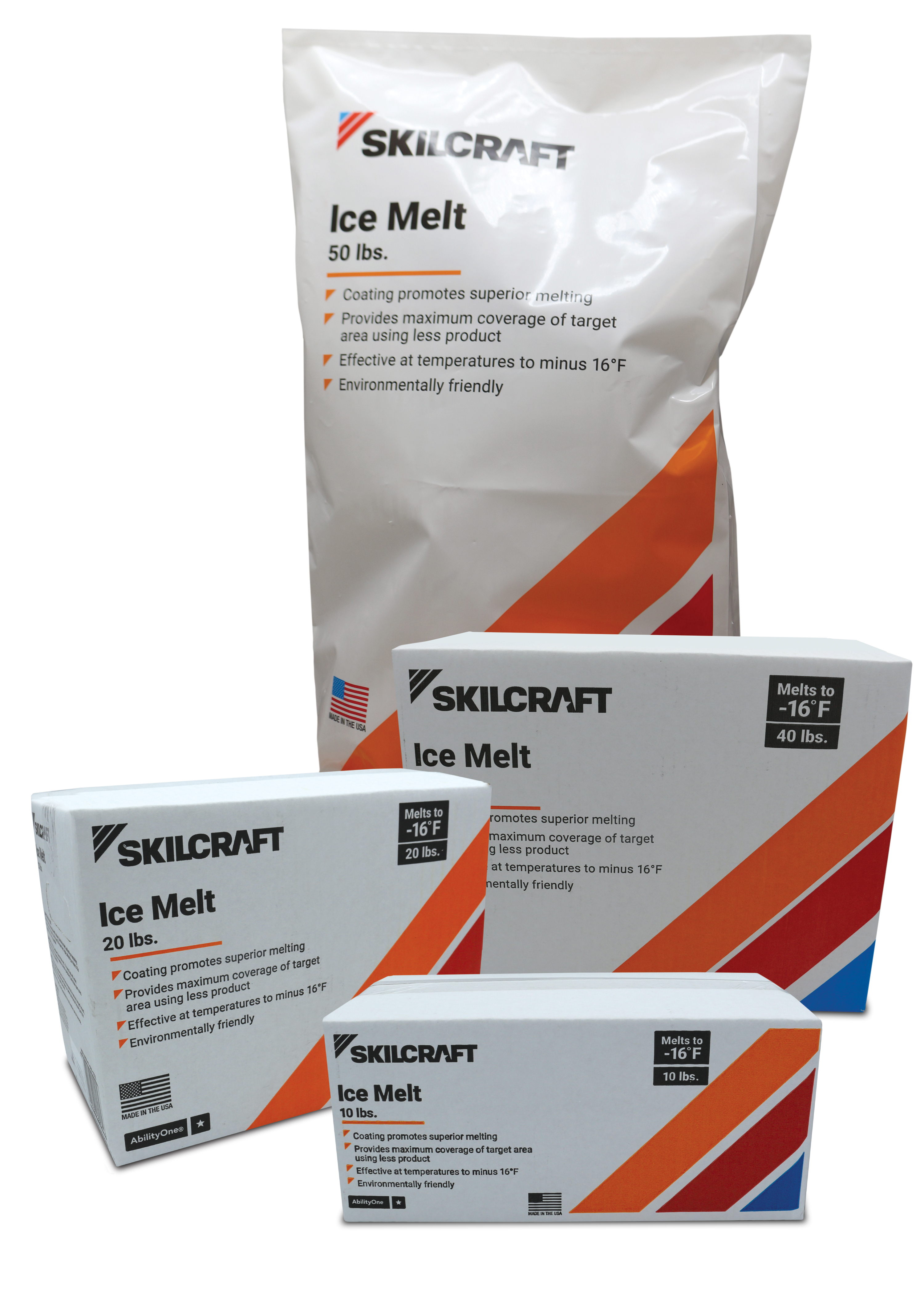 Image of three boxes and a bag of ice melt