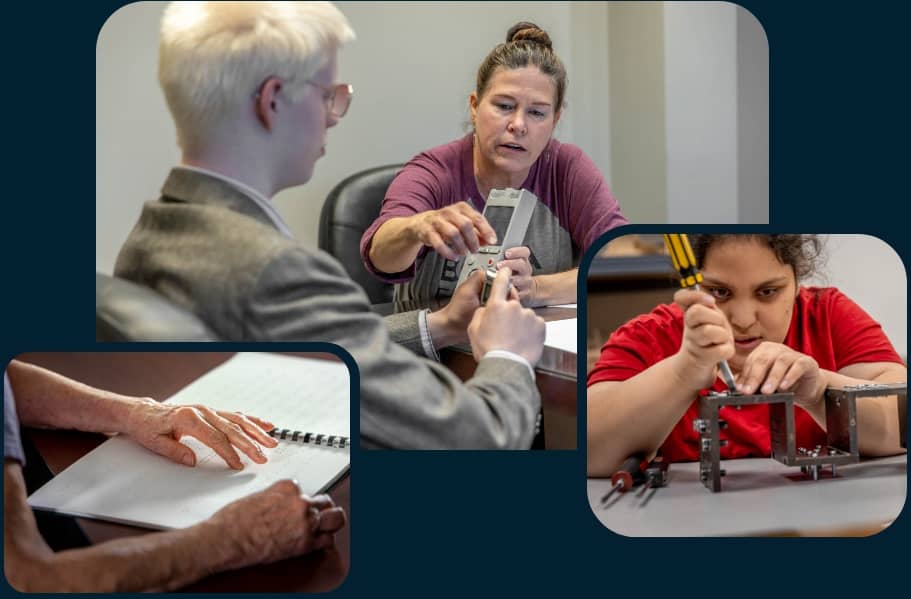 Group of photos showing individuals learning technology, braille and how to interact with tools.