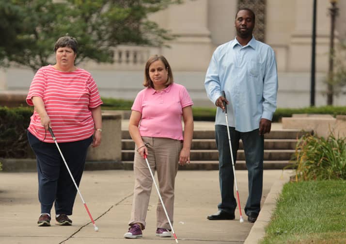 Group of people walking down a sidewalk using white canes.