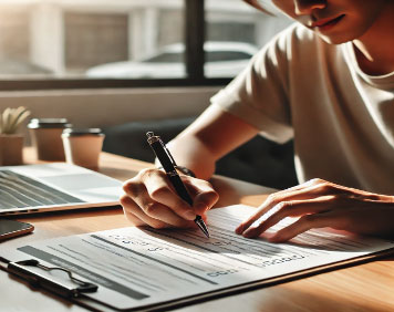 Person sitting at table using a pen to take a survey.